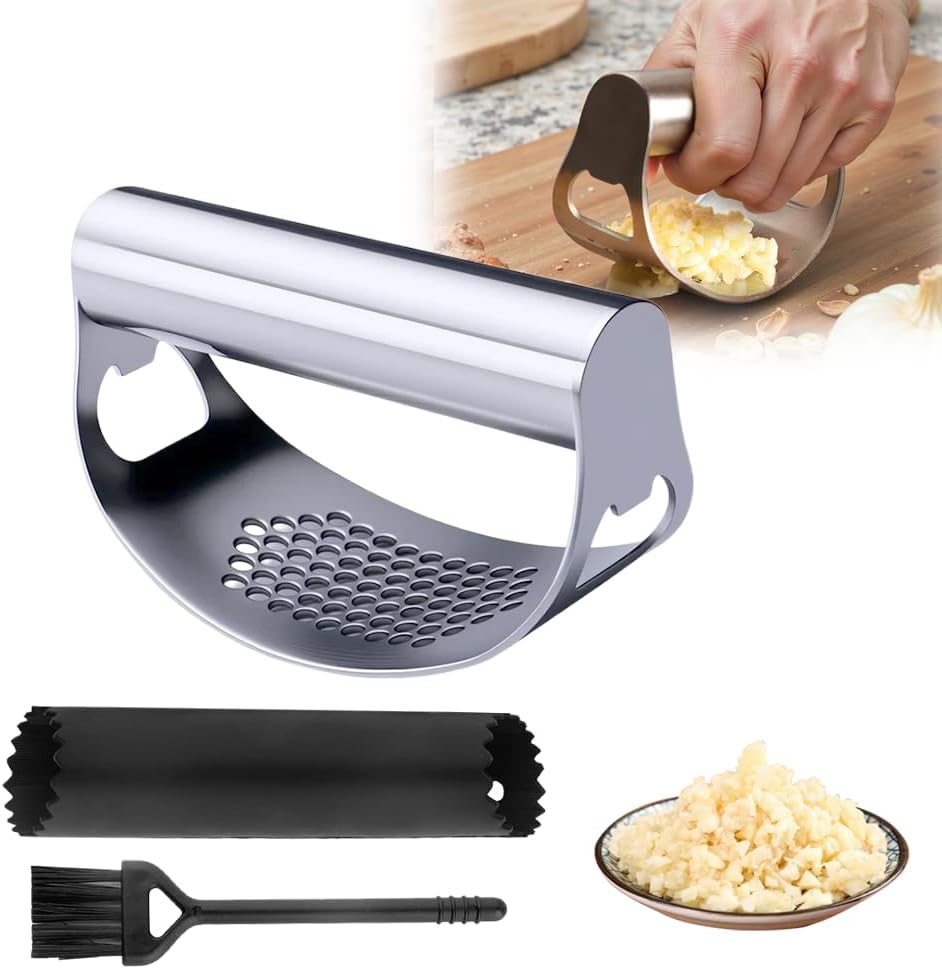 Stainless Steel Garlic Press, 2026 Upgraded Garlic Press Stainless Steel, Garlic Press Rocker, Portable Manual Garlic Crusher, Stainless Steels Garlic Mincer tool with Peeler and Brush (1 Set)