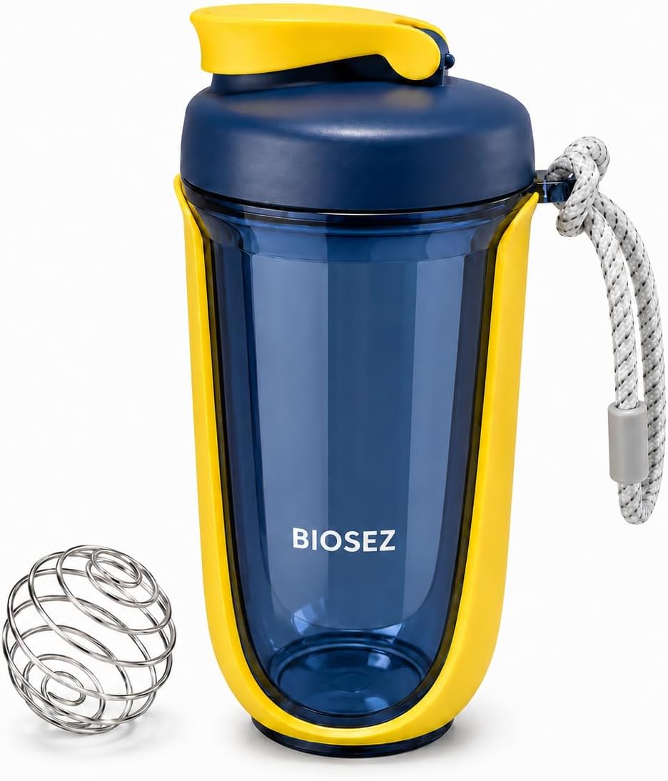 Protein Shaker Bottle, 20 oz BPA-Free Tritan Supplement Shaker Cup with 304 Stainless Steel Mixing Ball, Measurement Markings, Easy Clean, Dishwasher Safe, Yellow