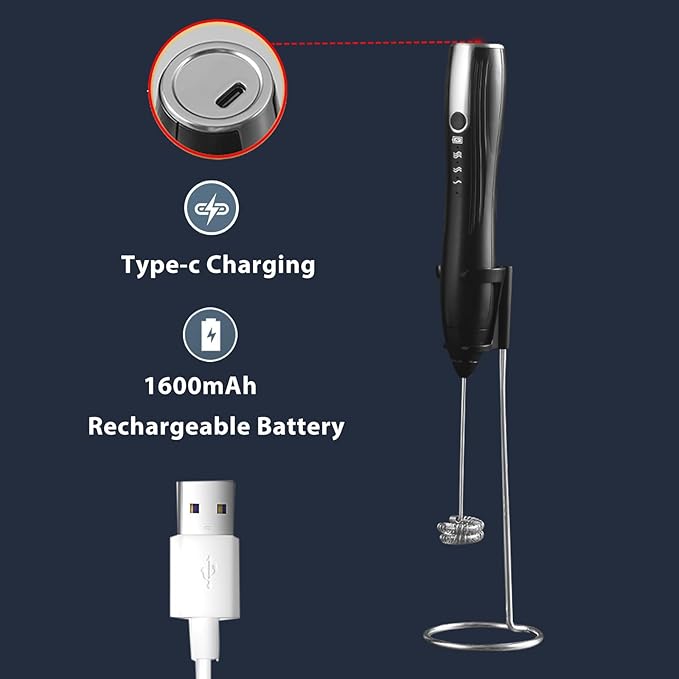 Rechargeable Handheld Milk Frother with Stand, Coffee Foam Frother Wand, Detachable Stainless Steel Whisk Drink Mixer for Coffee, Cappuccino, Lattes, Frappe, Matcha,Egg and Hot Chocolate (Black)