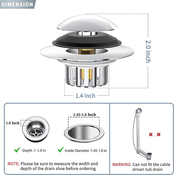 Universal 3 in 1 Bathtub Drain Stopper Bathtub Drain Hair Catcher, Pop-up Tub Stopper with Effective Filter Basket, Anti-Clogging Bathtub Drain Plug Bath Tub Stoppers for 1.45-1.8" Drain Shoe