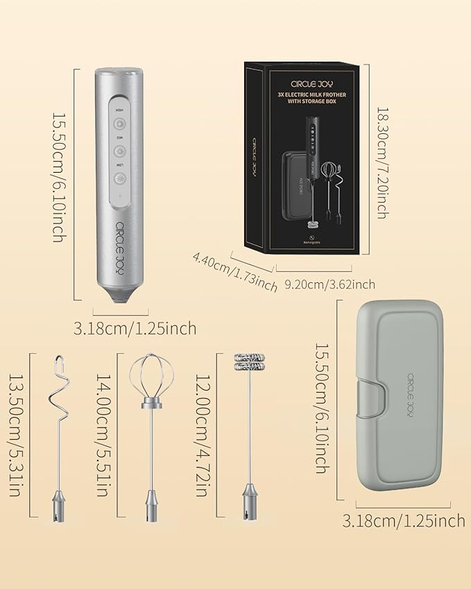 CIRCLE JOY Rechargeable Handheld Milk Frother Wand with 3 Variable Speeds, 3 Whisks and Storage Box, Electric Drink Mixer for Latte, Cappuccino, Hot Chocolate, Eggs and Protein Powder, Silver