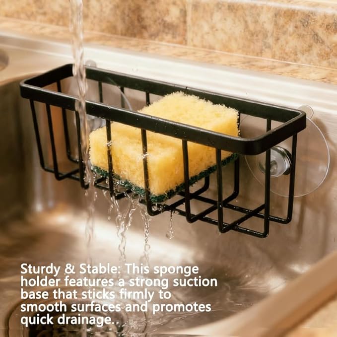 JANE'S CUTIE Kitchen Sink Sponge Holder, Kitchen Sink Sponge Rack, Sink Box, Dishwashing Soap Holder (Black)