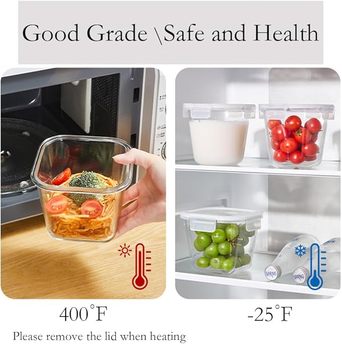 H.JSS WDJS 4 Cup Square Glass Food Storage Container with Lids, Square Glass Soup Container with Airtight Lids, 32 OZ Food Prep Bowls for Leftovers, Salad, Microwave、Fridge、Dishwasher Safe (4 Pack)