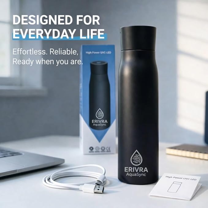 AquaSync Smart Self-Cleaning Water Bottle 17oz Vacuum Insulated Stainless Steel with UV-C Light Technology LED Temperature Display & USB-C Rechargeable Battery