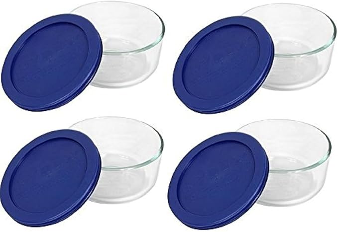 Pyrex 7200 2-Cup Glass Bowl & 7200-PC Dark Blue Lid (4-Pack) - Made in USA