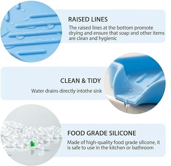 MicoYang Silicone Soap Dish with Drain Spout, Self-Draining Sink Organizer Tray for Bathroom & Kitchen, Sponges, Dispensers & Soap Holder, Non-Slip and Dishwasher Safe, Light Blue (Compact, 4.9"×3.2")