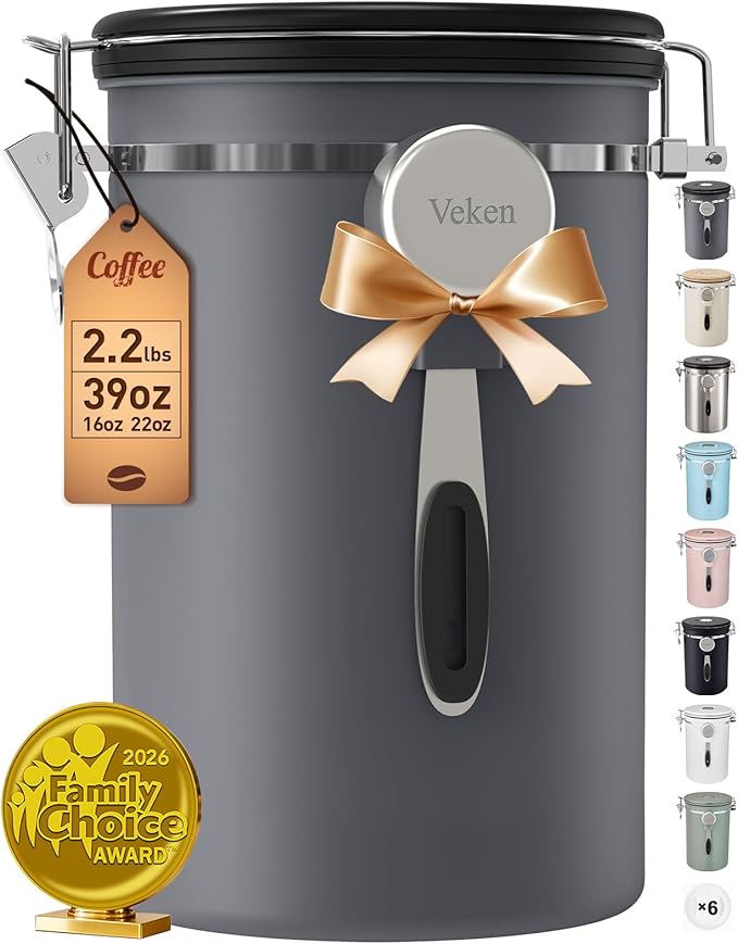Veken Coffee Canister, 39OZ Large, Airtight Stainless Steel Food Storage Container for 2.2lbs Coffee Beans, Ground, Sugar,Espresso,Rice,Tea,Flour,Cereal, Kitchen Bar Accessories, Lids, Jars,Gifts,Gray