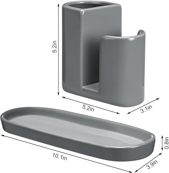 Geelin 3 in 1 Ceramic Kitchen Sink Caddy Dish Sponge Holder Scrub Brush Holder and Soap Tray for Kitchen Organizer Rustic Farmhouse Supplies (Gray)