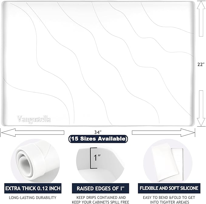 Heavy Duty Silicone Under Sink Mats for Kitchen Waterproof 37" x 22", Extra Thick Under Sink Rubber Mat Drip Tray, Raised Edge Under Sink Liner,Prevent Drips, Leaks, Spills,White