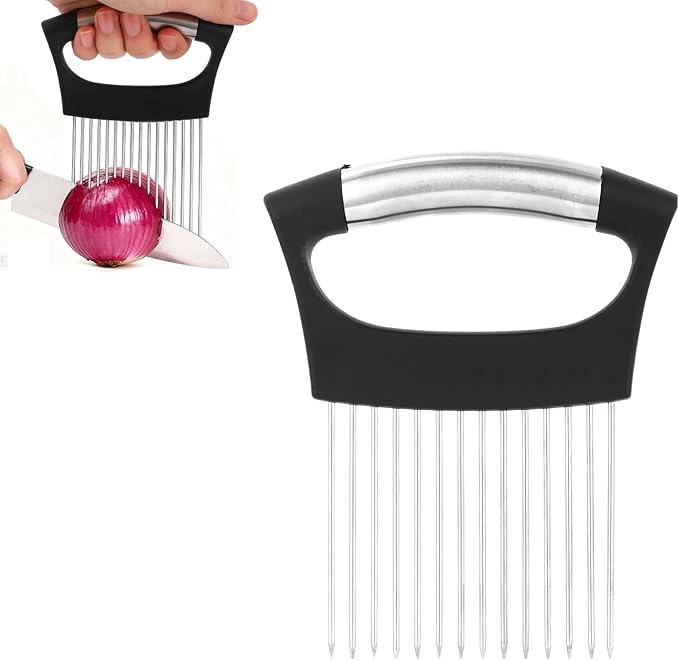 Extra Large Onion Slicing Holder, Stainless Steel Vegetable Onion Cutter Chopper Slicer Holder with 14 Long Needles Practical Kitchen Tool Assistant for Meat Lemon Tomato Avocado Potato