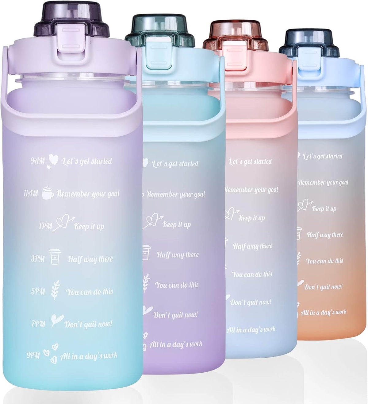 Large Half Gallon 64 OZ Motivational Water Bottle with Straw Time Marker BPA Free for Sport and Fitness Purple Green