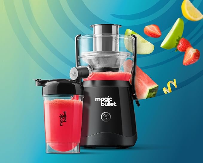 magic bullet Mini Juicer, Countertop Space-Saving, 2" Feed Chute for Fruits and Vegetables, 400W, 16oz Cup, Compact Design, Black, MBJ50100AK