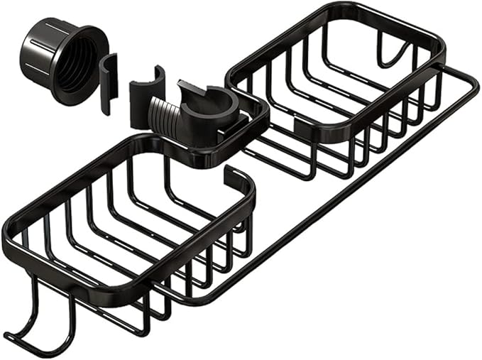 Faucet Sponge Holder Kitchen Sink Caddy Organizer Fit 0.71-1.1 inch diameter Faucet Hanging Drain Rack for Sink Organizer (Double with Dishcloth Rack, Black)