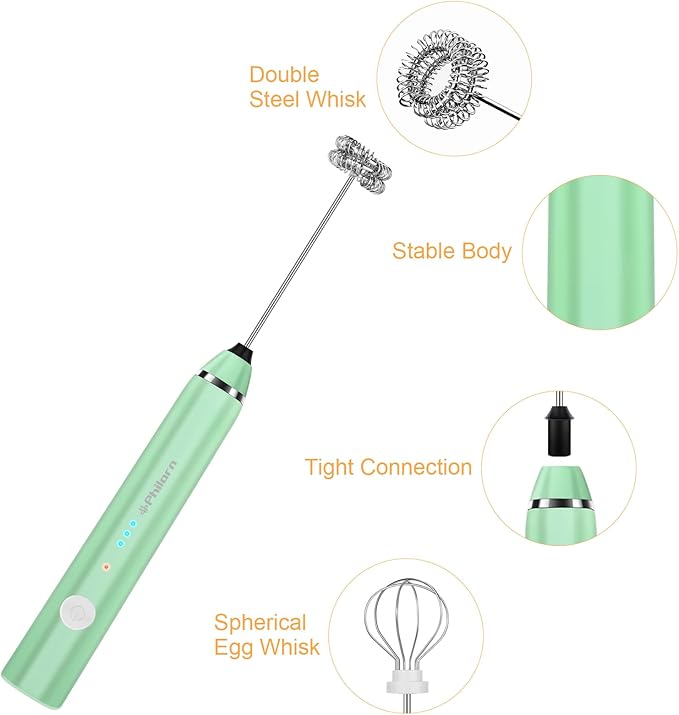 Philorn Milk Frother Wand Handheld Rechargeable Electric Whisk Coffee Drink Mixer, Mini Foamer for Lattes, Cappuccino, Frappe, Matcha, Hot Chocolate, Protein Powder, Keto Diet (Green 2 Heads)