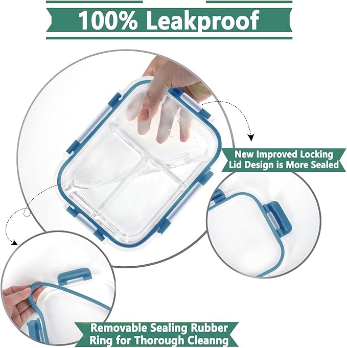HOMBERKING 8 Pack Glass Meal Prep Containers 3 Compartment, 36oz Glass Food Storage Containers with Lids, Airtight Glass Lunch Bento Boxes, BPA-Free & Leak Proof (8 lids & 8 Containers) - Blue
