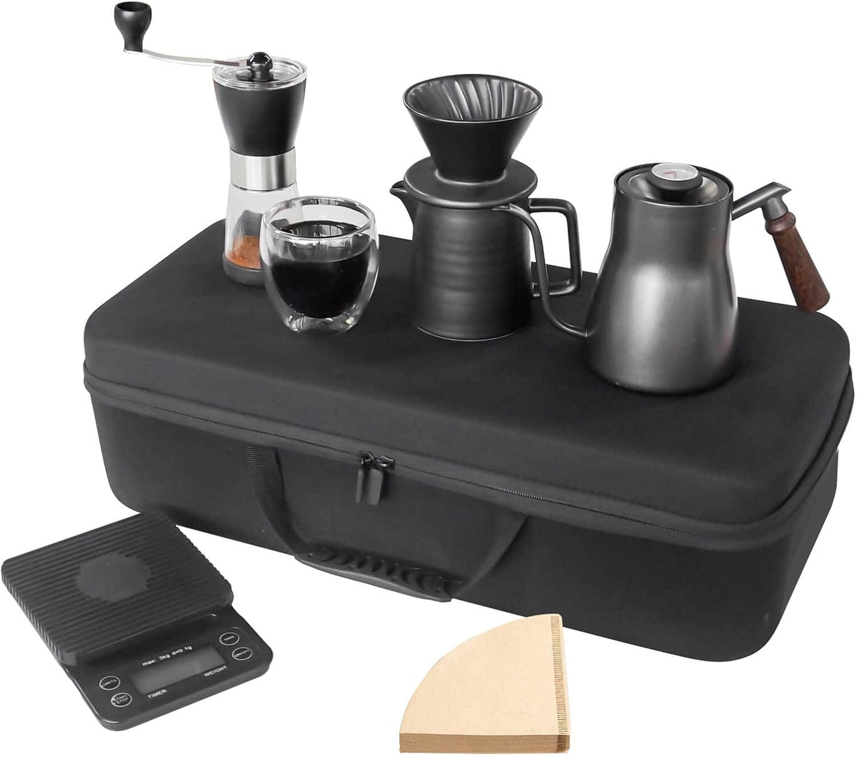 Pour Over Coffee Maker Set All in 1 Coffee Kits- 304 Stainless Steel Kettle with Thermometer Coffee Grinder Coffee Dripper & Server of Portable Travel Bag For Outdoor Camping