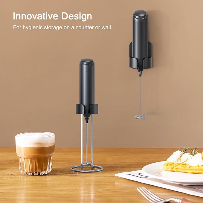 Rechargeable Coffee Frother by ELMWAY, Electric Milk Frother with Charging Stand & Wall Mount, Handheld Drink Mixer, Foam Maker for Coffee, Matcha - Black