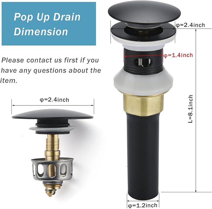 Rockgoya Bathroom Sink Drain,Drain Stopper Bathroom Sink with Overflow,Pop Up Drain Assembly with Detachable Strainer Basket,Built-in Anti-Clogging Strainer,Stainless Steel Mattle Black