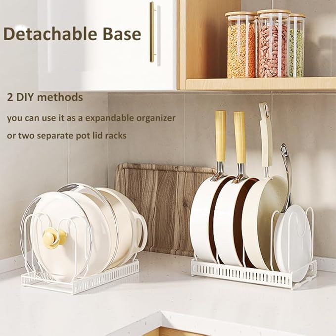 Expandable Pots and Pans Organizer Rack, Pot Lids Cutting Boards Kitchen Cabinet Organizer with 7 Adjustable Compartments, Cookware Bakeware Rack for Kitchen Cabinet Countertop Storage(White)