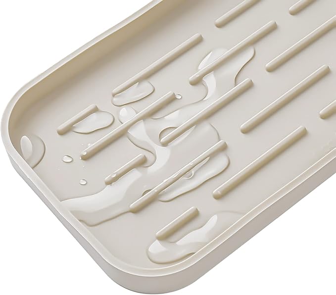 MicoYang Silicone Kitchen Sink Organizer Tray for Multiple Usage,Eco-Friendly Sponges Holder for Kitchen Bathroom Counter or Sink,Dish Soap Dispenser,Scrubber,Bottle,Cup (Tapioca, 10"×5.3")