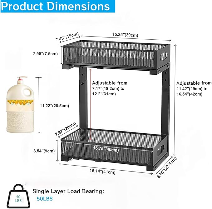 2 Pack Under Sink Pull Out Organizer, 5-Level Adjustable Height to Fit U/L Shape Plumbing Pipes, Carbon Steel 2-Tier Storage Rack for Kitchen Bathroom Cabinet, Black