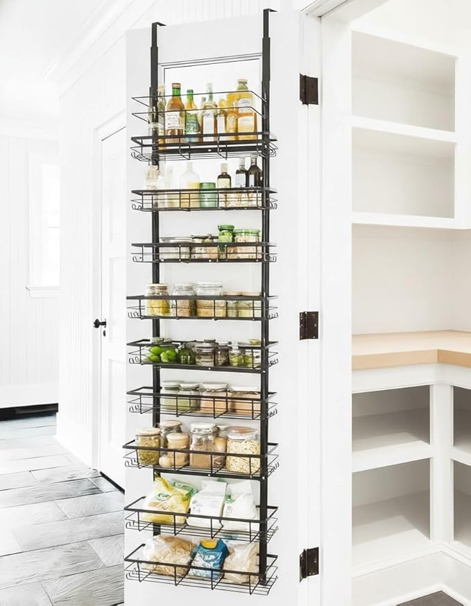 9-Tier Over The Door Pantry Organizer, Adjustable Metal Hanging Spice Rack for Kitchen, Bathroom & Bedroom Storage, Heavy-Duty Alloy Door Rack Organizer with 3 Basket Sizes, 9 Baskets