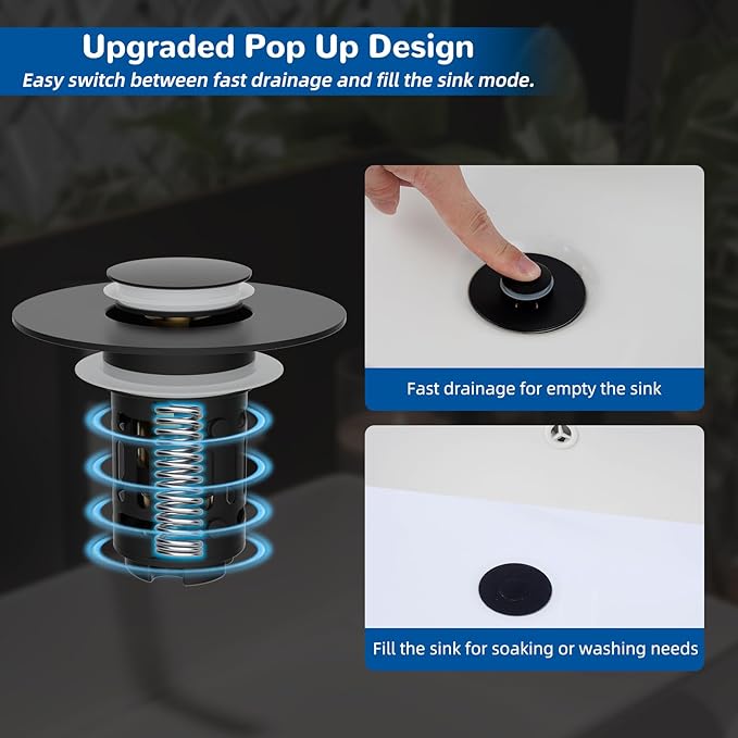 Hibbent 3 Pack 3 in 1 Bathroom Sink Drain Strainer, Universal Pop Up Stopper, Removable Stainless Steel Filter Basket Hair Catcher, Sink Plug for 1.1''~2.36'' Basin, Brass Bullet Core, Matte Black