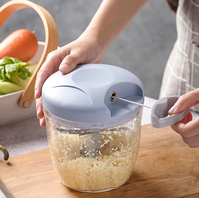 Manual Hand -Powered Food Chopper with Pull-Cord Mechanism – Compact Vegetable Cutter, Dicer & Mincer with Stainless Steel Blades – Ideal for Onions, Garlic, Herbs, Nuts & More – (GREY)