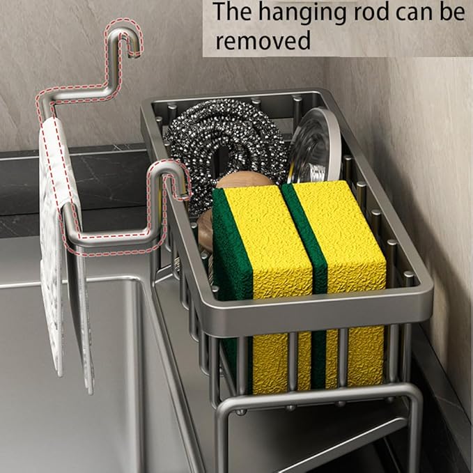 Sink Caddy Kitchen Sink Organizer, Sponge Holder for Kitchen Countertop for Dish Brush Gloves, Dish Cloth Hanger, Rustproof Kitchen Caddy with Drip Tray (Grey)