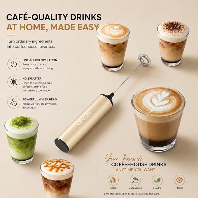 Rechargeable Milk Frother, Electric Coffee Foamer, Handheld Drink Mixer for Latte, Cappuccino, Coffee, Eggs, Hot Chocolate, Protein,Beige
