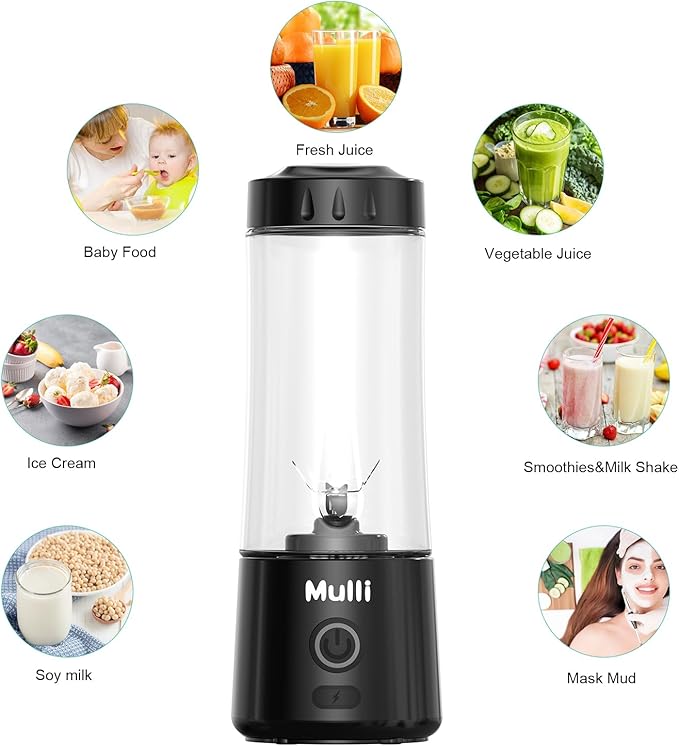 Mulli Portable Blender,USB Rechargeable Personal Mixer for Smoothie and Shakes, Mini Blender with Six Blades for Baby Food,Travel,Gym