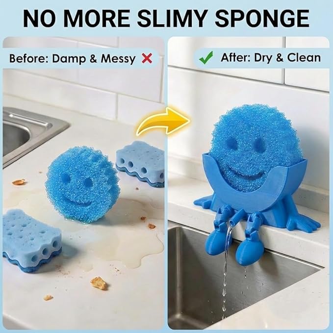 Creative Hanging Sponge Holder with Drainage/Traceless Glue, 3D Printing Countertop Funny Sponge Holders for Kitchen Sink, Keeps Your Sponge Dry & Smiling, for Scrub Daddy Holder (1, Blue)