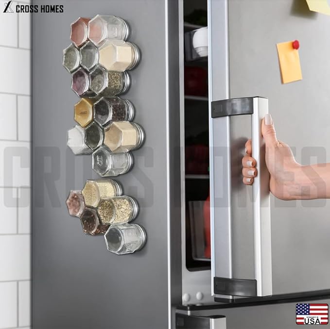 Magnetic Empty Small Hexagon Glass Spice Jars 20 Sets With Lids, Shaker, Board, Labels - DIY Spice Tins/Rack for Refrigerator, Fridge, Cabinet, Wall Mount