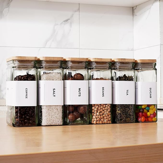APT 1101 Glass Storage Jars with Bamboo Lid, glass canisters with airtight lids, Clear jars with lids for Spice, Cookie, Candy, Tea, Coffee Bean and Rice (White, 26 oz, Set of 6)