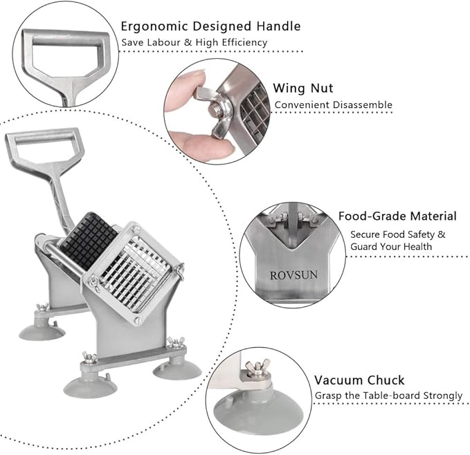 ROVSUN Commercial Vegetable Chopper French Fry Cutter Stainless Steel w/ 4 Sizes Blades, Fruit Potato Slicer, 1/2", 3/8", 1/4" & 8-Wedge Blades and Pusher Blocks for Restaurants, Home & Kitchen