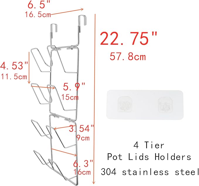 22.75" The-Cabinet Pot Lid Organizer,Silver Cantilever Racking 304 Stainless Steel Pot Cover Support 4 Tier Pot Lids Holders