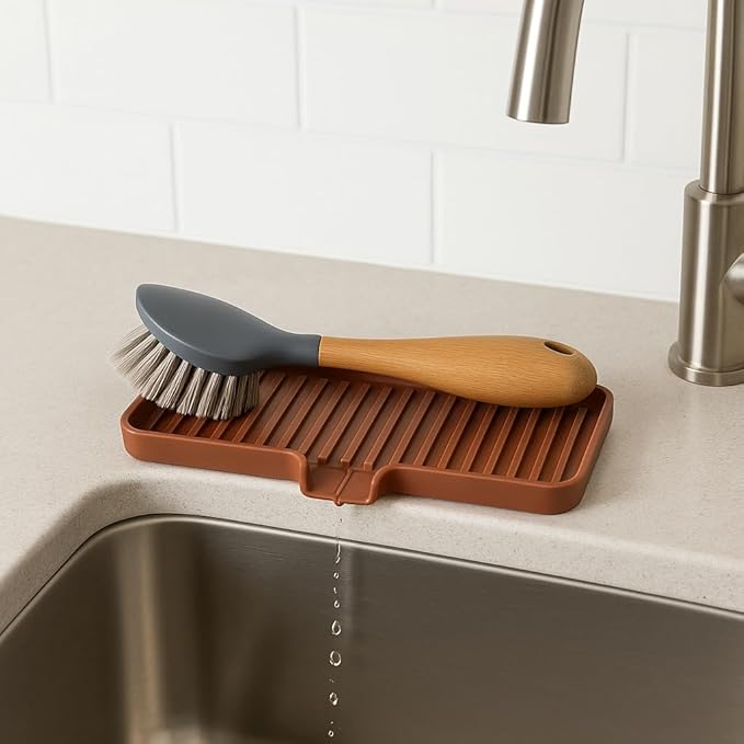 Silicone Soap Dish Tray and Sponge Holder with Drain Chute, Rectangular, Kitchen and Bathroom Sink Organizer (Mocha, 9"x3.5")