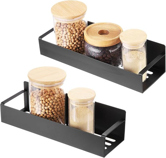 uxcell 2pcs Magnetic Spice Rack Organizer, Black Iron Fridge Shelf, Tiered Shelf, Space Saving, 8 lbs Weight Capacity, 10.6x3.3x3 & 11.6x3.7x3 Inches, Kitchen, Metal Surfaces