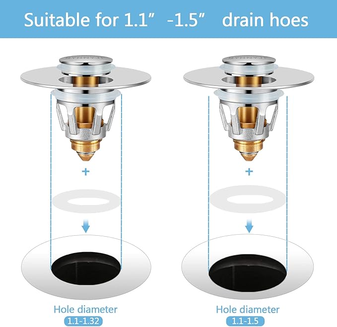 QYHNYJF Bathroom Sink Stopper with Hair Catcher – Universal Pop-Up Drain Strainer for 1.1–1.5 inch US Standard Sink Drain Holes, Anti-Clog Basin Stopper, Silver