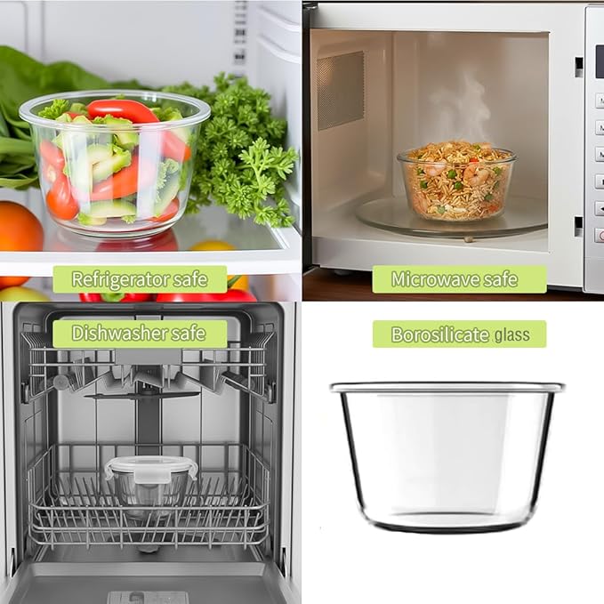 H.JSS WDJS 2 Cup Round Glass Food Storage Containers with Airtight Lids,16oz Round Glass Soup Container, BPA free Small Food Storage Containers for Leftover. Microwave, Freezer, Dishwashe safe-4pack