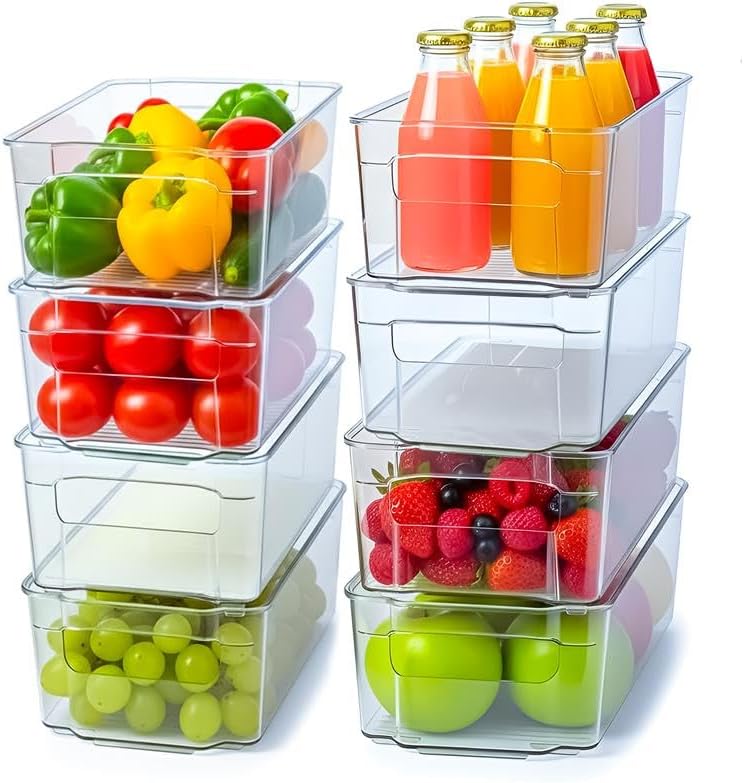 Plastic Stackable Storage Bins for Fridge, 8 Pack, Clear