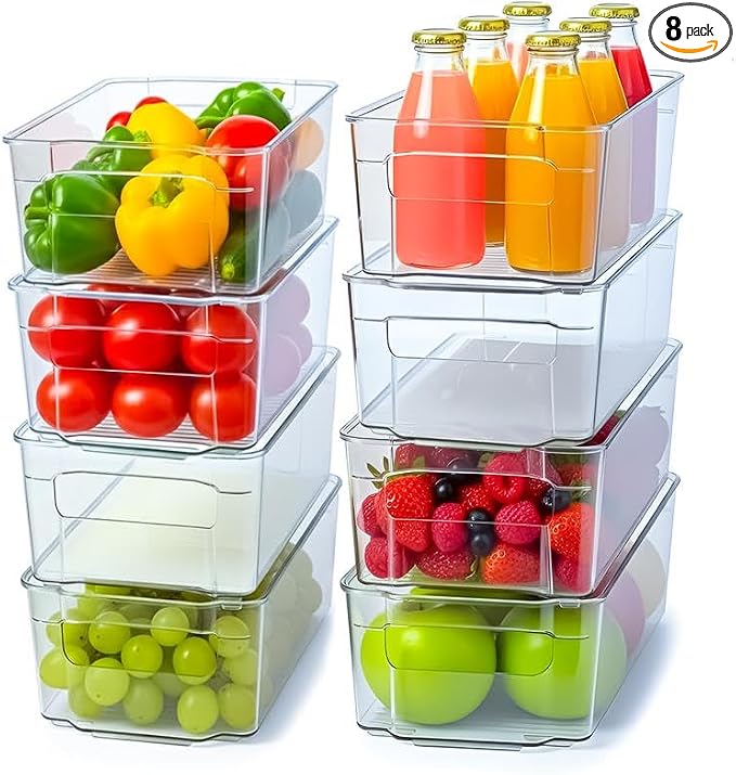 Plastic Stackable Storage Bins for Fridge, 8 Pack, Clear