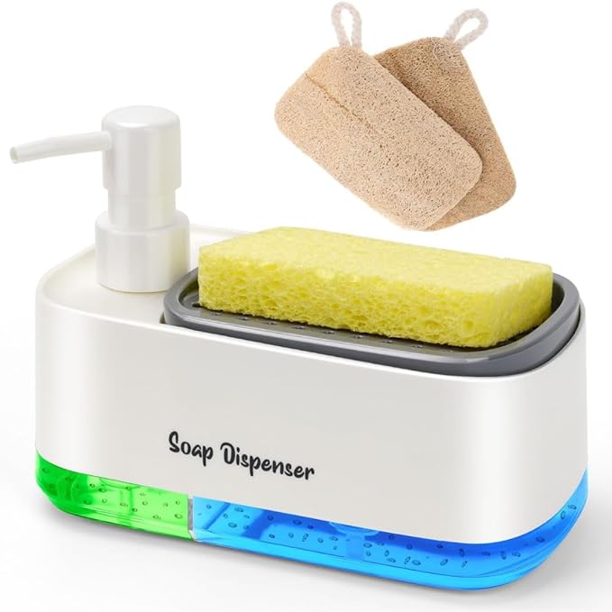 5-in-1 Kitchen Soap Dispenser Set with Sponge Holder - Dual Hand & Dish Soap Pump Dispenser for Sink Countertop with 2-Packs Natural Loofah Dish Sponge Dishwashing Scrubber,White