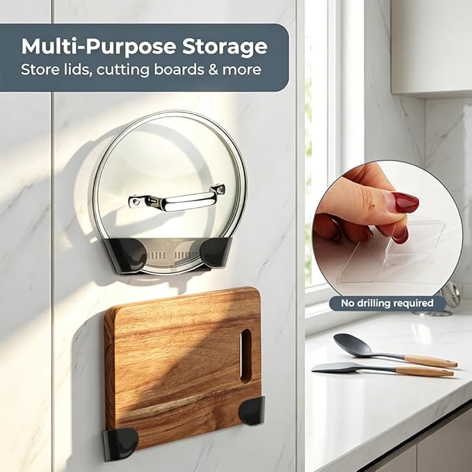 Universal Pot Lid Holder Organizer, 4 Pack Adjustable ABS Rack for Cabinet or Wall Mount, No Drill Extendable Holder for Pan Lids and Cutting Boards，Fits 6" to 13"