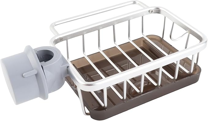 Zerodis Kitchen Sink Faucet Organizer, Space Aluminum Rustproof Dish Sponge Holder with Divider and Drip Tray for Kitchen Dishwashing Sponges Brushes Cloth (Silver)