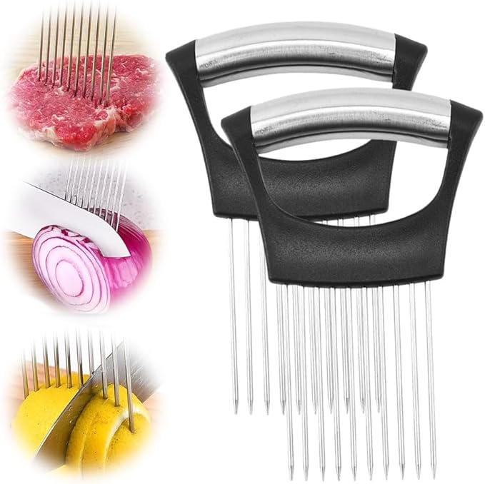2026 New Onion Holder for Slicing, Stainless Steel Onion Slice Holder Vegetable Slicer Cutter for Potato and Tomato, Kitchen Chopper Slicing Assistant Tool Lemon Slicer Onion Cutter for Slicing (2PCS)