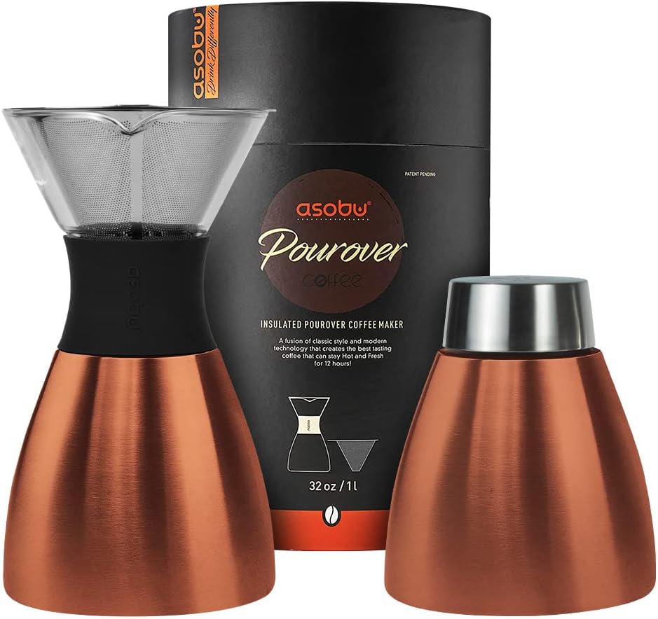 Insulated Pour Over Coffee Maker (32 oz.) Double-Wall Vacuum, Stainless-Steel Filter and Take on the Go Carafe (Copper)