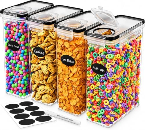 Cereal Containers Storage 4L Set of 4 Airtight Food Storage Containers with Lids Cereal Dispenser Countertop Pantry Organization Canister for Rice Flour & Sugar 1 Marker 8 Labels