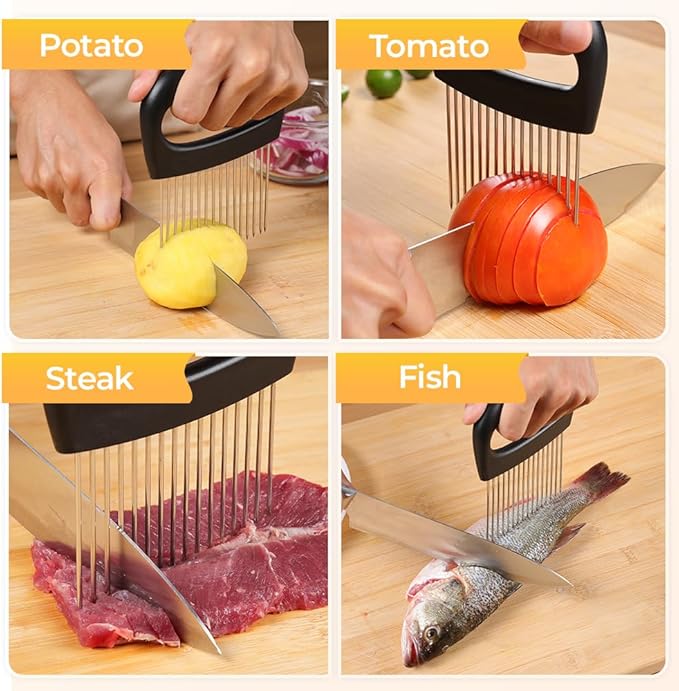Onion Holder for Slicing, Stainless Steel Onion Slicer Holder, 2025 New Upgraded Tamato Slicer Vegetable Cutter Kitchen Gadeget Chopper Assistant Tool for Potato Lemon Fruit and Meat (1pc)