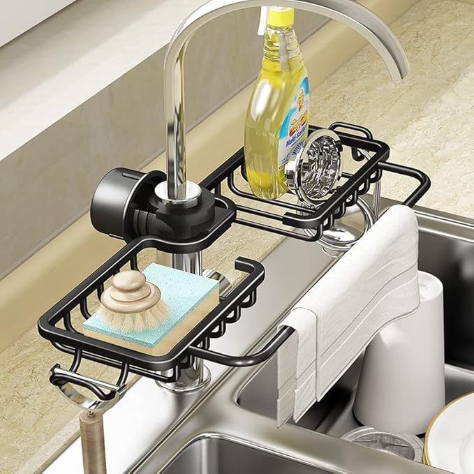 Faucet Sponge Holder Kitchen Sink Caddy Organizer Fit 0.71-1.1 inch diameter Faucet Hanging Drain Rack for Sink Organizer (Double with Dishcloth Rack, Black)